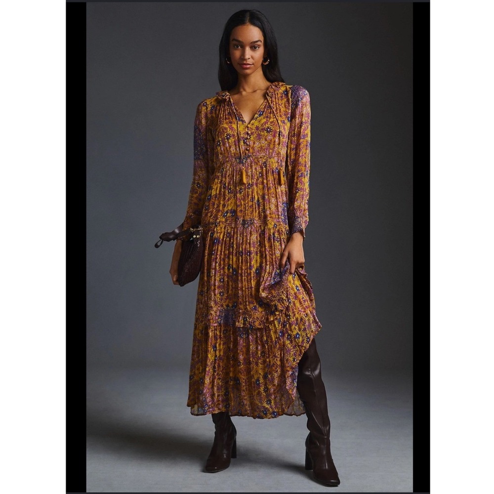Anthropologie Marais Printed Chiffon Maxi Dress Yellow Purple Floral‎ Boho Small
